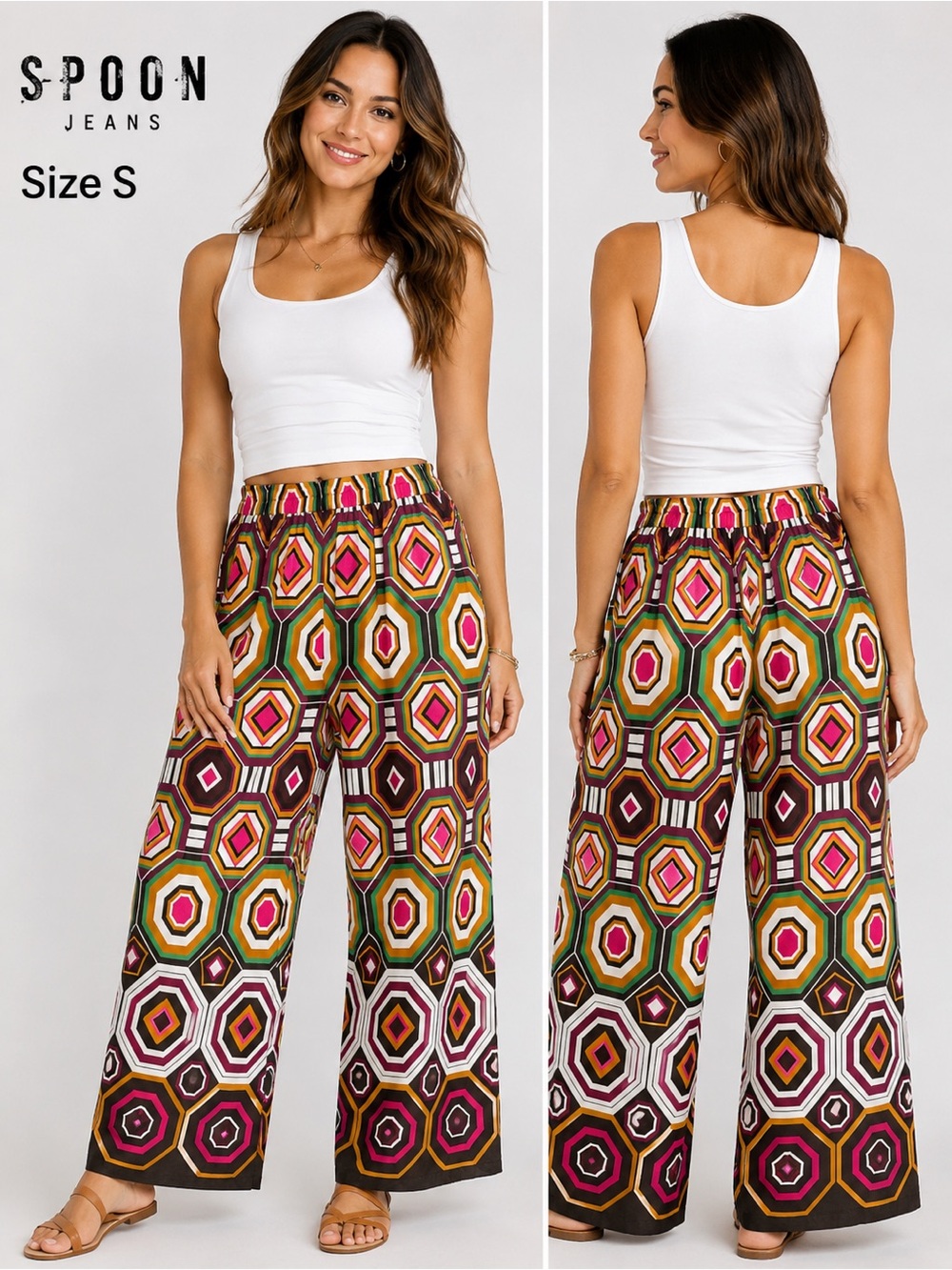 Spoon Jeans Geometric Print Wide Leg Palazzo Pants casual summer boho style/S